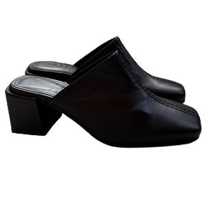 Selected Femme Black Leather Mules Block Heel Square Toe Y2K 90s Vibe Size 9 NEW